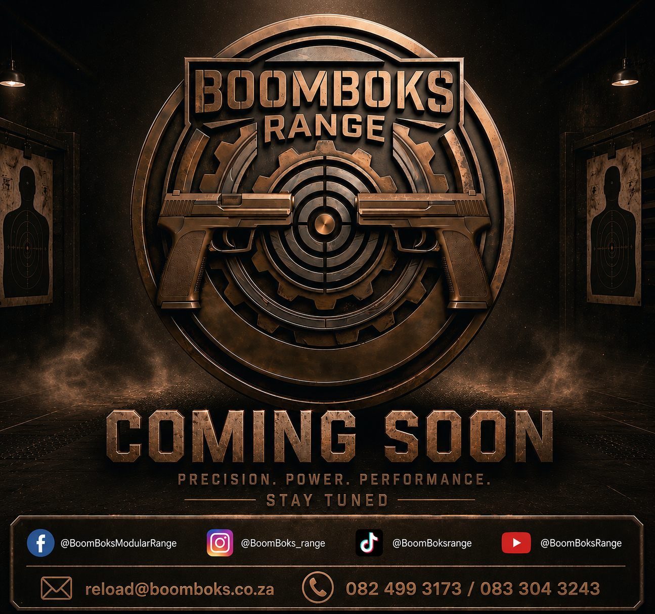 BoomBoks Range coming soon poster with bronze range emblem and contact information